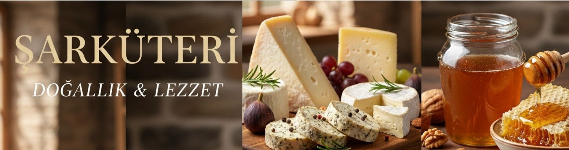 Şarküteri ürünleri ana görseli: Ahşap kesme tahtasında farklı çeşitlerde gurme peynirler (tulum, kaşar, brie) ve yanında taze petek bal, kavanoz bal, ceviz, incir