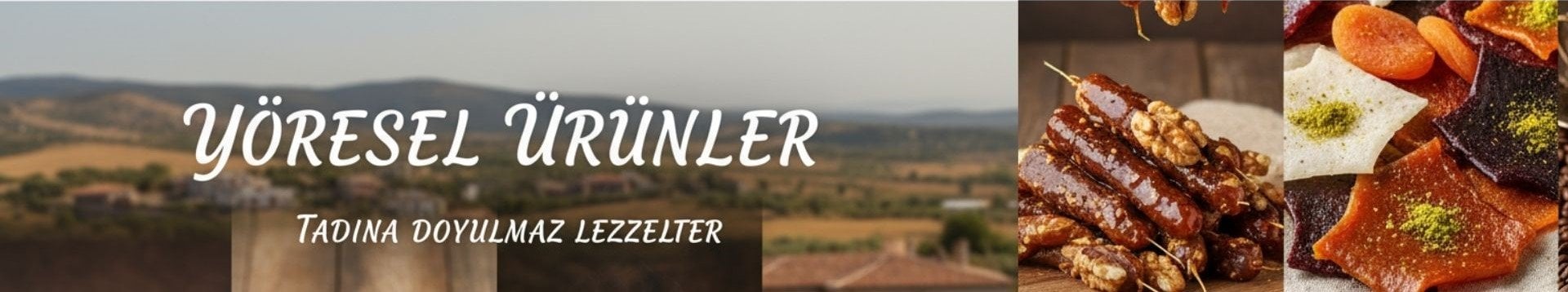 Doğal yöresel ürünler kategorisi üst görseli: Cevizli sucuk (orcik), meyve pestili, közde Türk kahvesi ve Antep badem şekeri (akide)